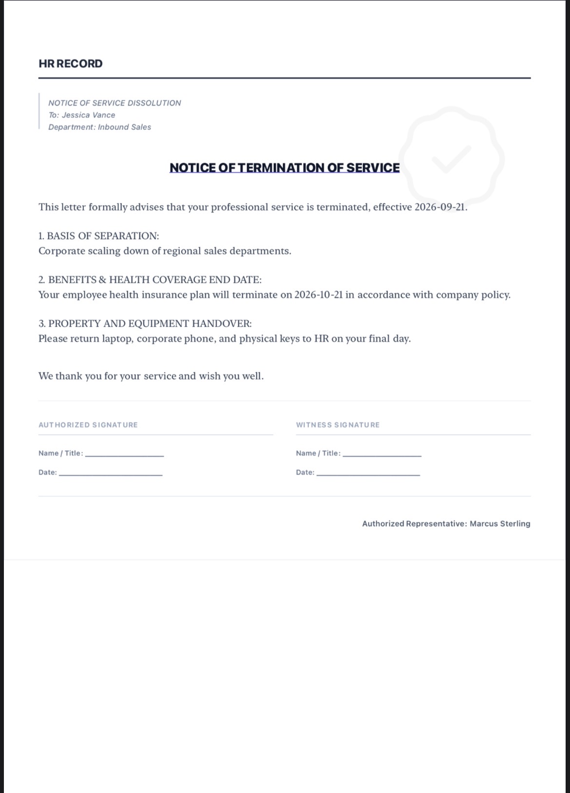 Sample employment separation PDF