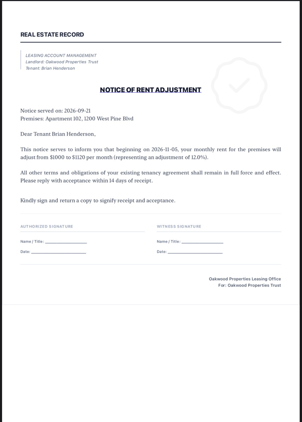 Sample rent adjustment notice PDF
